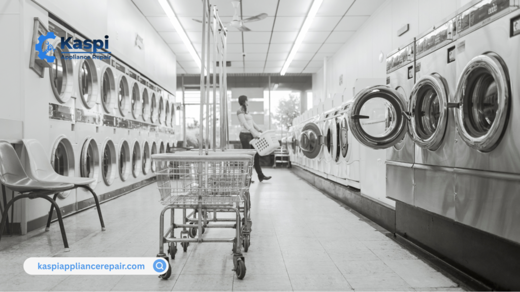 Commercial washing machine not draining in a business laundry area, indicating a drainage issue in a commercial laundry machine.

