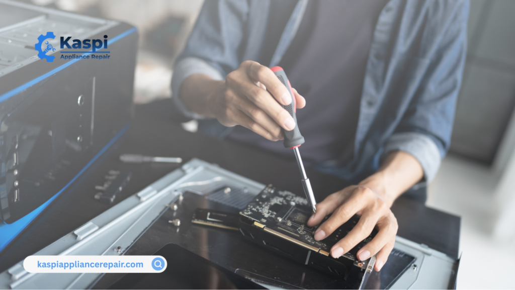 Technician inspecting a washer when a washing machine is not draining after cycle indicating a problem that may need professional repair.

