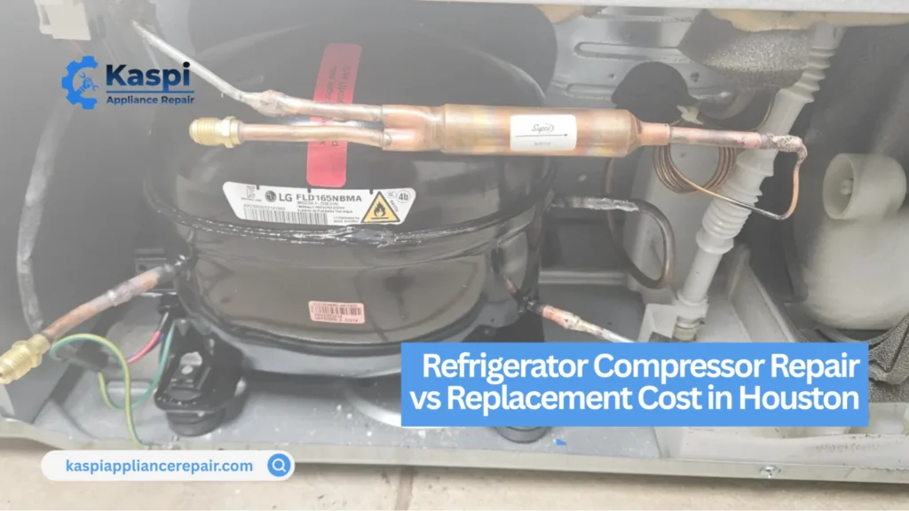 Technician inspecting a refrigerator compressor to determine whether repair or replacement is needed in Houston, TX.