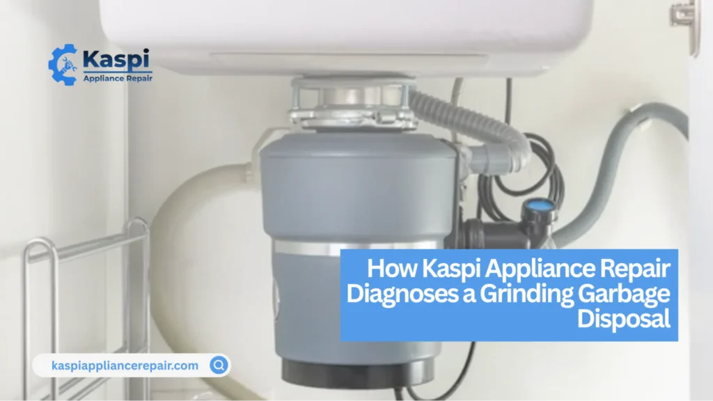 Kaspi Appliance Repair technician diagnosing a garbage disposal that is making a grinding noise