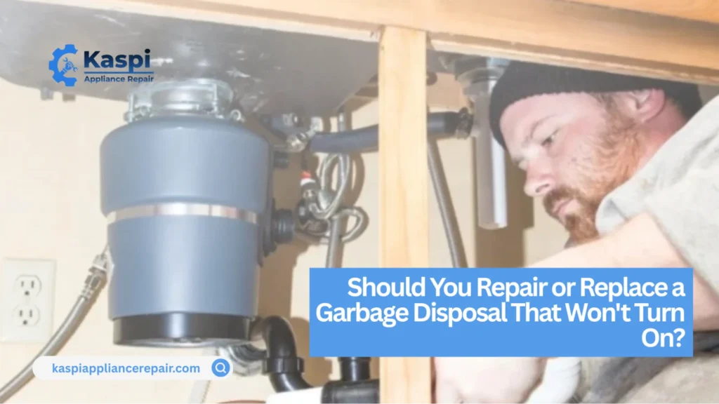 Technician checking a garbage disposal reset button that is not working before recommending repair or replacement