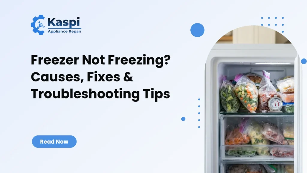 Freezer not freezing – open upright freezer with thawing frozen food bags and a freezer thermometer