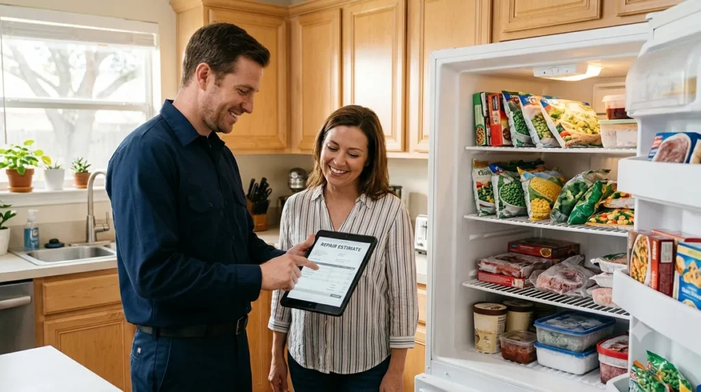 Kaspi Appliance Repair technician explaining a freezer repair estimate to a Houston homeowner