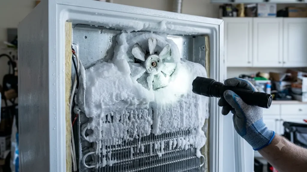 Freezer running but not freezing – evaporator coils and evaporator fan covered in ice from a defrost system failure