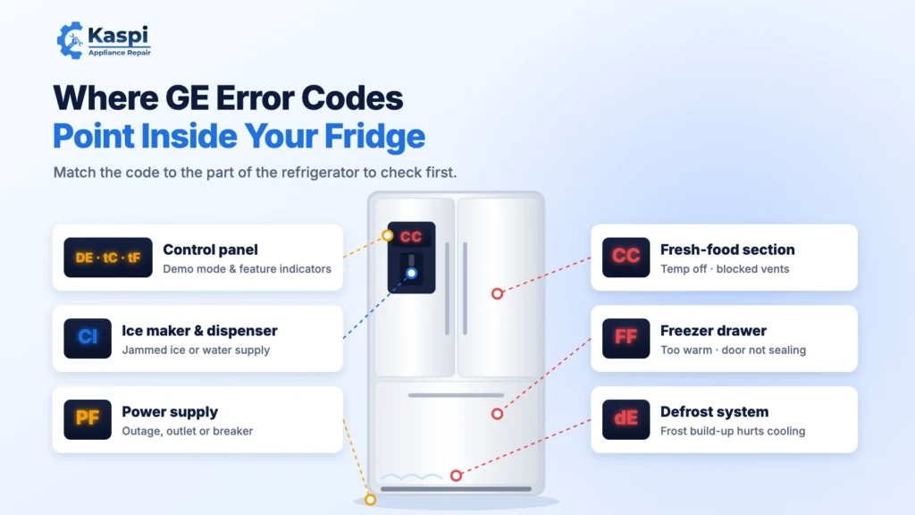 Diagram of where GE refrigerator error codes point: control panel, ice maker, power supply, fresh-food section, freezer and defrost system