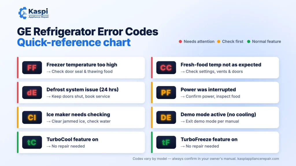 GE refrigerator error codes list chart with meanings and first steps for FF, CC, dE, PF, CI, DE, tC and tF