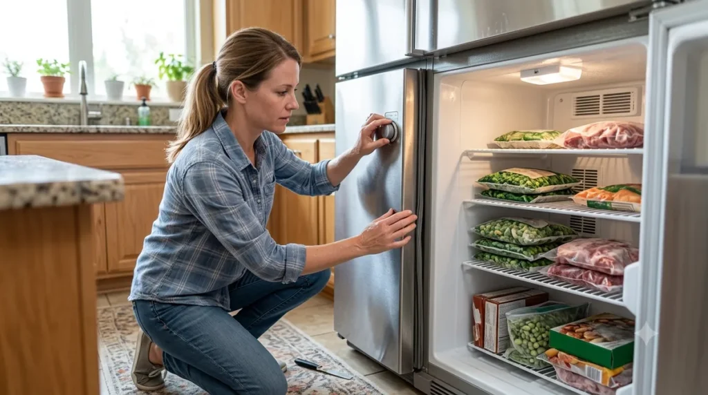 Homeowner troubleshooting a freezer not cooling by checking the door gasket seal and temperature dial