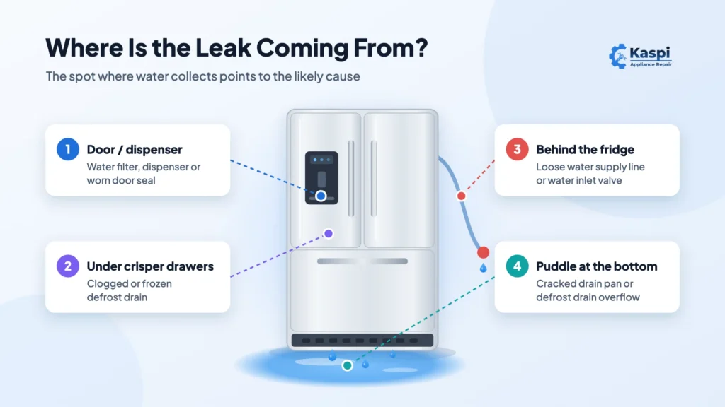 Diagram of KitchenAid refrigerator leak sources: door dispenser, defrost drain, water supply line and drain pan