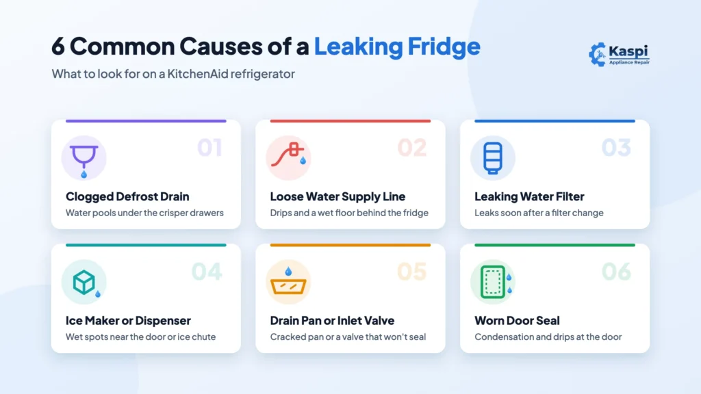 Six common causes of a KitchenAid refrigerator leaking water, including a clogged defrost drain and loose water supply line
