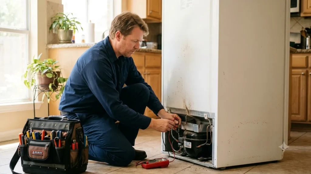 Freezer repair technician in Houston testing a freezer compressor start relay with a multimeter